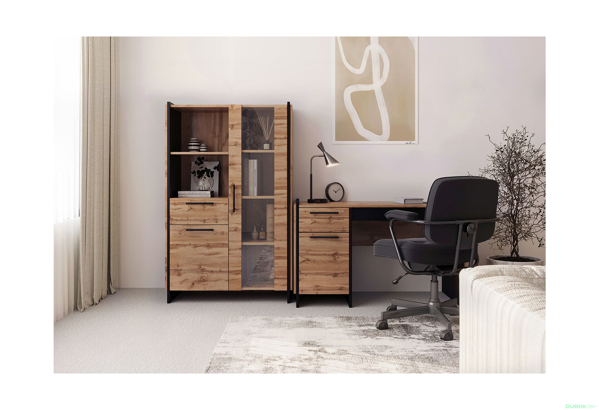 Vitrína nízka 1d1w1s dub wotan / čierny Amino - Fotografia 2 Fotografia 2 - Vitrína nízka 1d1w1s dub wotan / čierny Amino