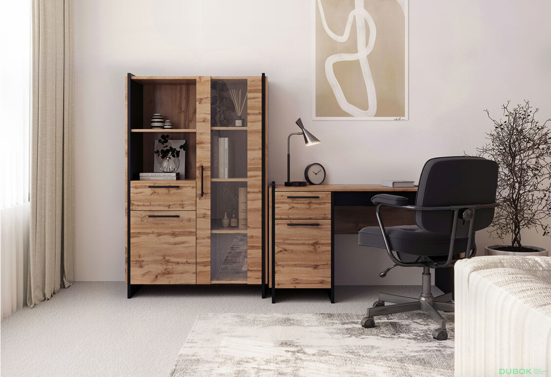 Vitrína nízka 1d1w1s dub wotan / čierny Amino - Fotografia 2 Fotografia 2 - Vitrína nízka 1d1w1s dub wotan / čierny Amino