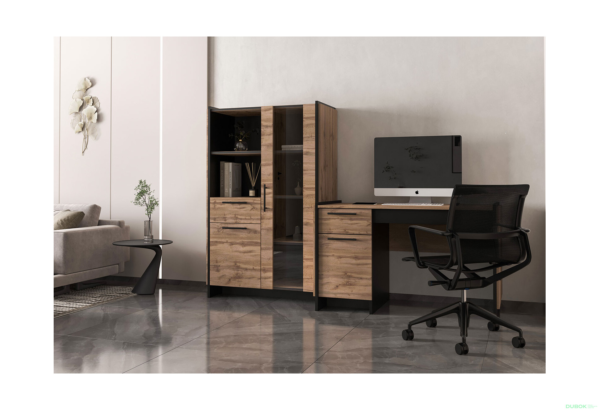 Vitrína nízka 1d1w1s dub wotan / čierny Amino - Fotografia 3 Fotografia 3 - Vitrína nízka 1d1w1s dub wotan / čierny Amino