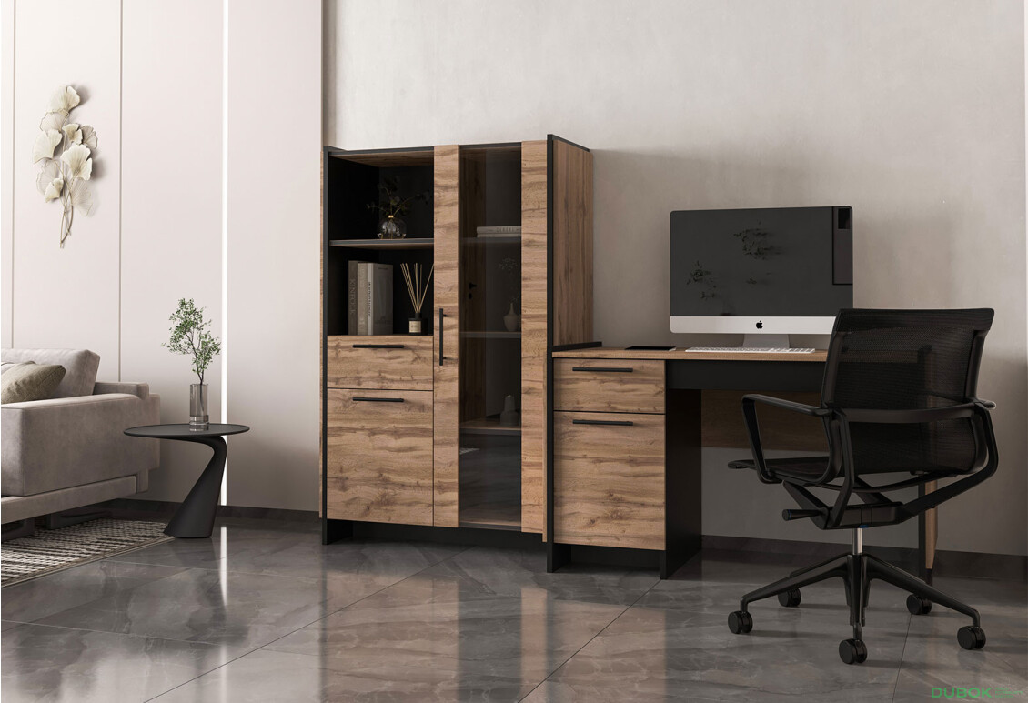 Vitrína nízka 1d1w1s dub wotan / čierny Amino - Fotografia 3 Fotografia 3 - Vitrína nízka 1d1w1s dub wotan / čierny Amino