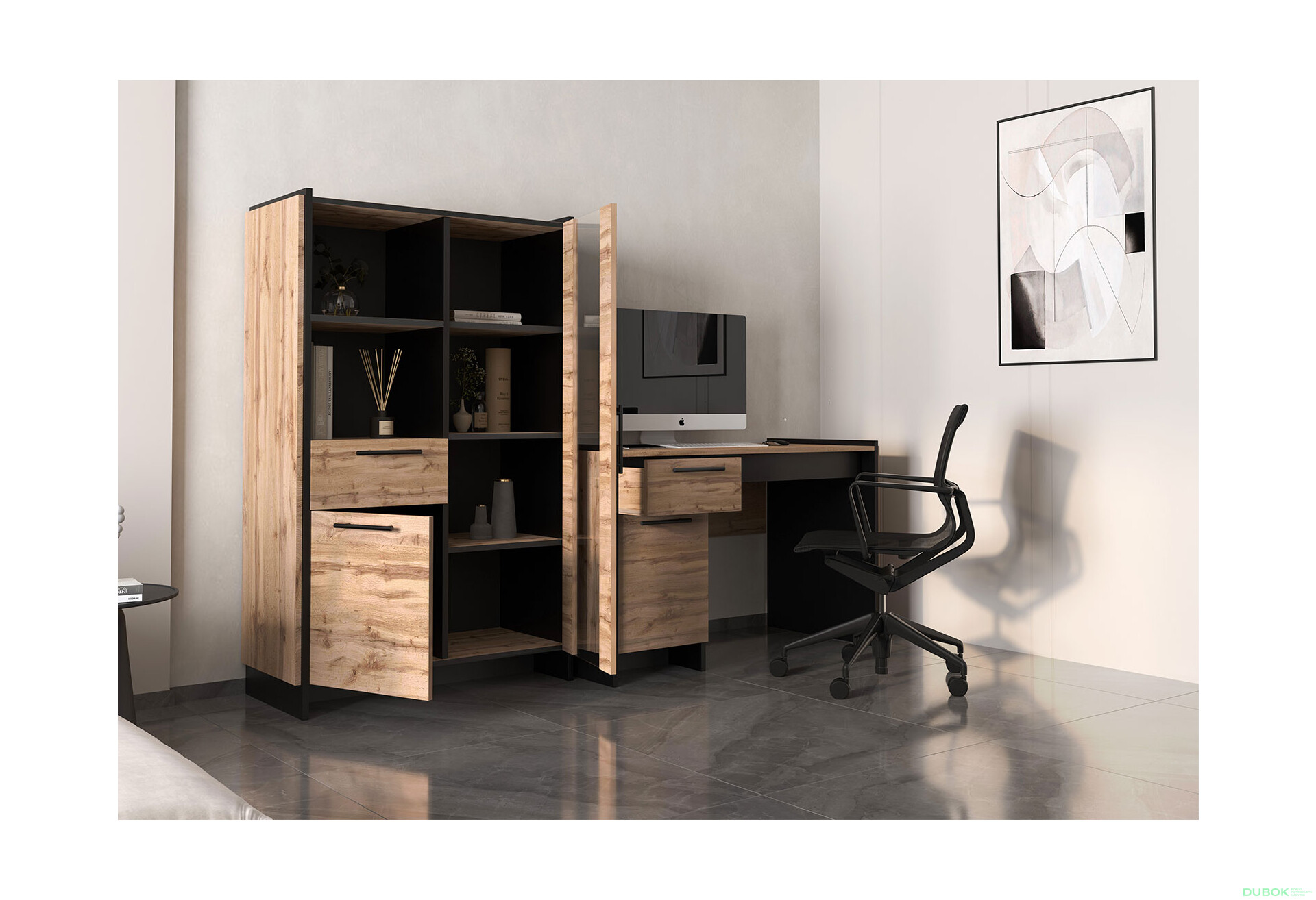 Vitrína nízka 1d1w1s dub wotan / čierny Amino - Fotografia 4 Fotografia 4 - Vitrína nízka 1d1w1s dub wotan / čierny Amino