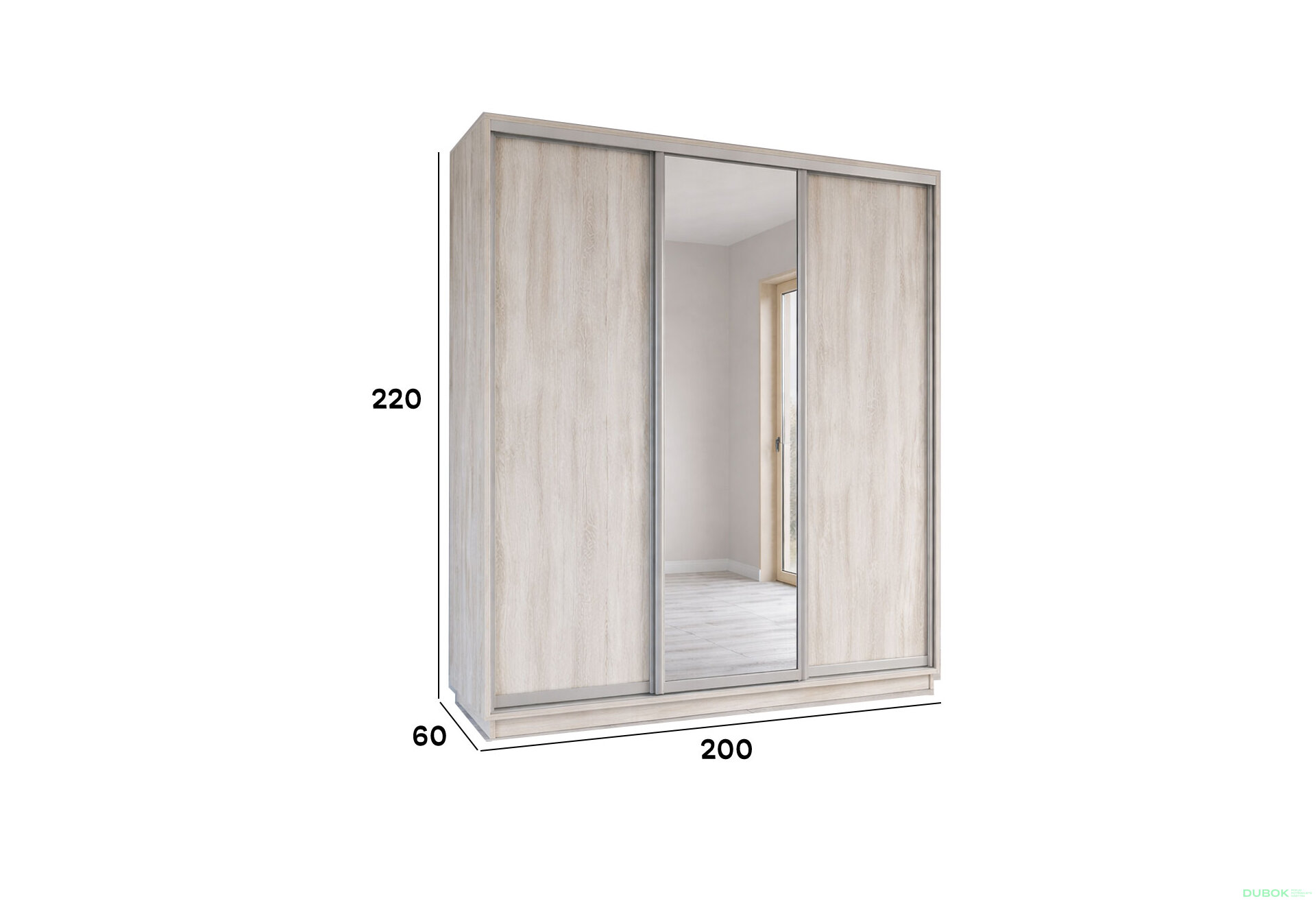 Fotografia 2 - Skriňa s posuvnými dverami 2200x2000x600 2DTD 1 Zrkadlo Artwood svetlý, profil strieborný