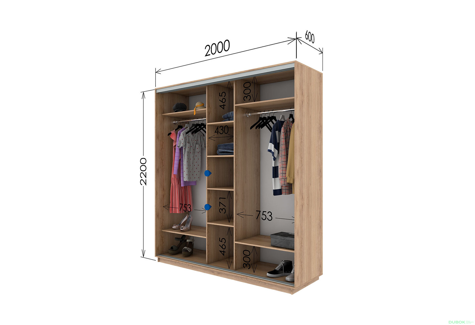 Fotografia 3 - Skriňa s posuvnými dverami 2200x2000x600 2DTD 1 Zrkadlo Artwood svetlý, profil strieborný