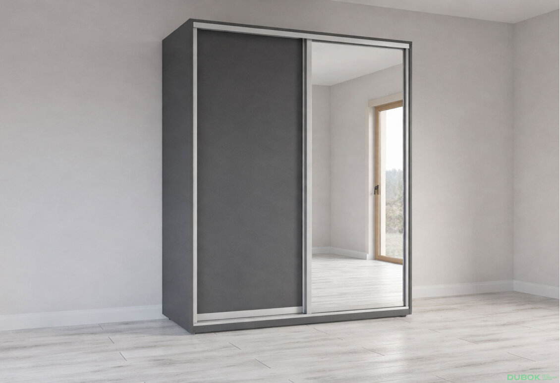 Skriňa s posuvnými dverami 2200x1800x600 1DTD 1 Zrkadlo grafit sivý, profil strieborný