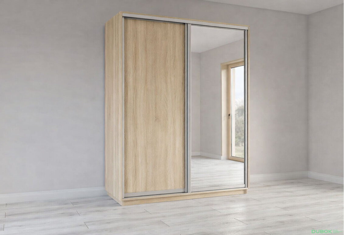 Skrine s posuvnými dverami 2200x1800x600 1DTD 1 Zrkadlo Dub Sonoma, profil strieborný