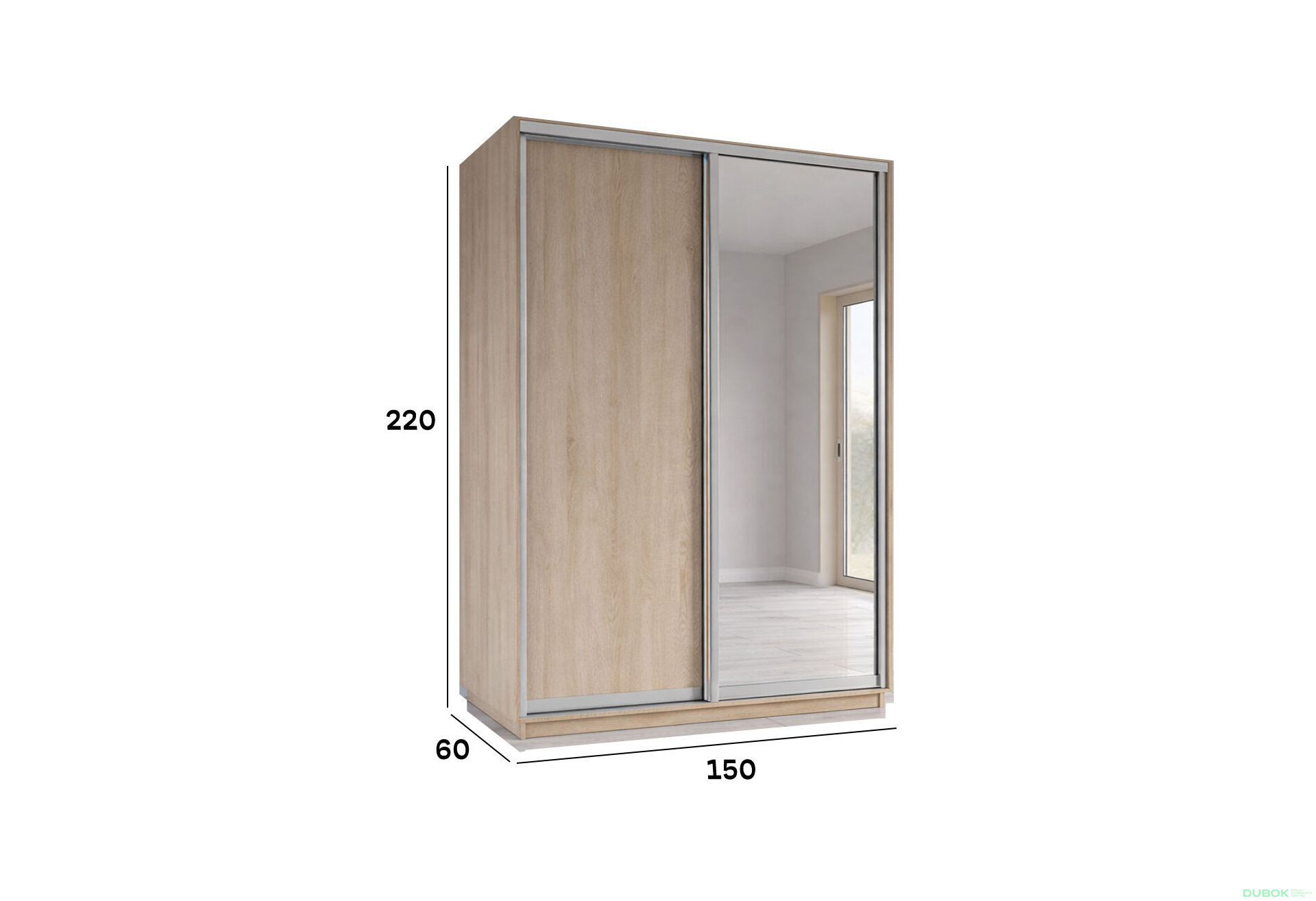 Fotografia 2 - Skriňa s posuvnými dverami 2200x1500x600 1DTD 1 Zrkadlo Dub Sonoma, profil strieborný