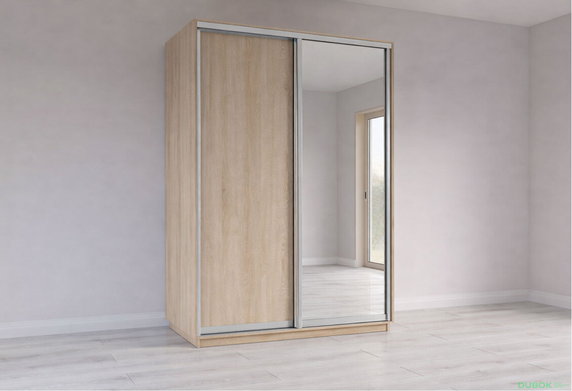 Skriňa s posuvnými dverami 2400x1500x600 1DTD 1 Zrkadlo Dub Sonoma, profil strieborný