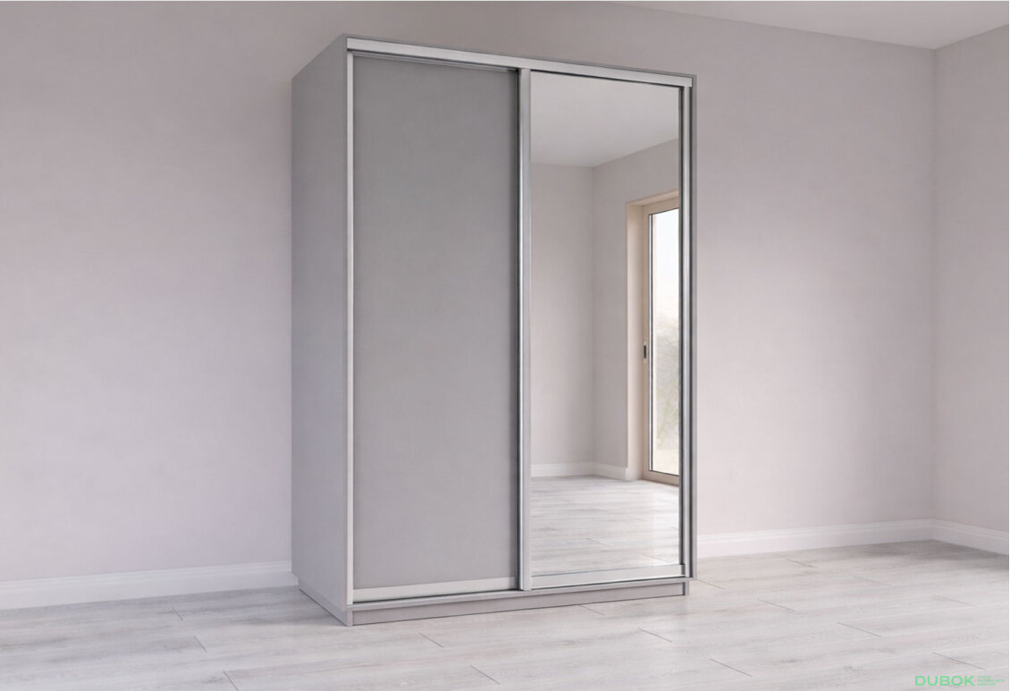 Skriňa s posuvnými dverami 2400x1500x600 1DTD 1 Zrkadlo myšia sivá, profil strieborný