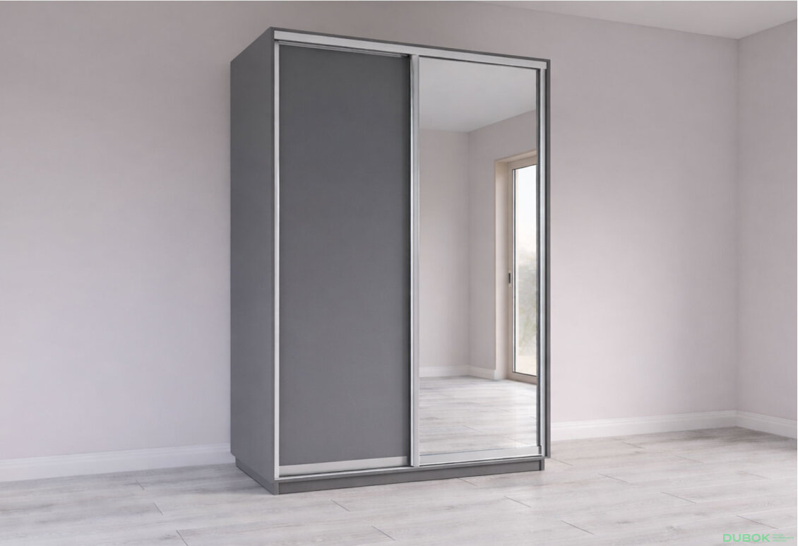 Skriňa s posuvnými dverami 2200x1500x600 1DTD 1 Zrkadlo grafit sivý, profil strieborný