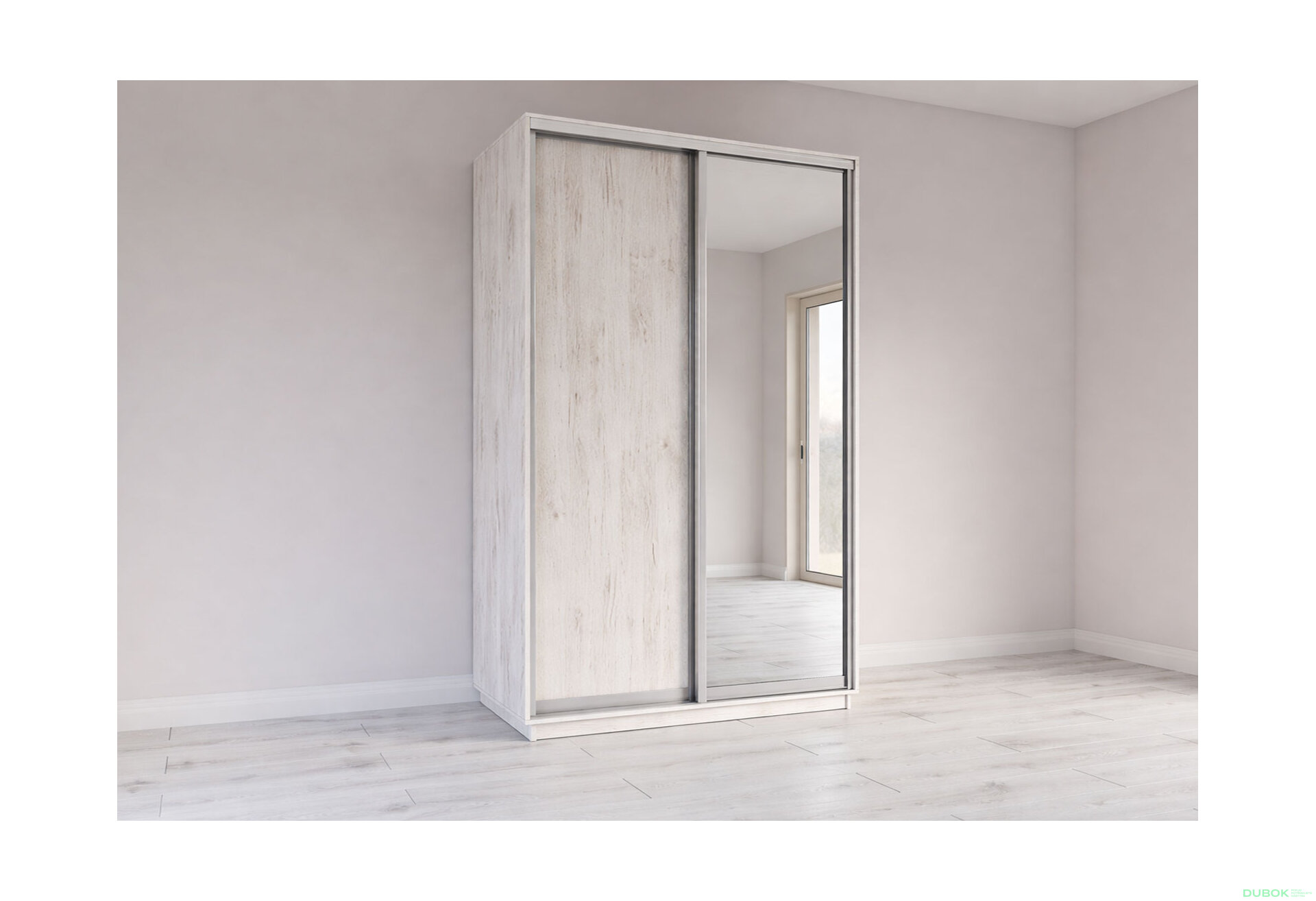 Fotografia 1 - Skrine s posuvnými dverami 2200x1400x600 1DTD 1 Zrkadlo Dub Craft biely, profil strieborný