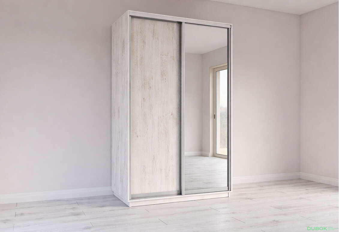 Skrine s posuvnými dverami 2200x1400x600 1DTD 1 Zrkadlo Dub Craft biely, profil strieborný