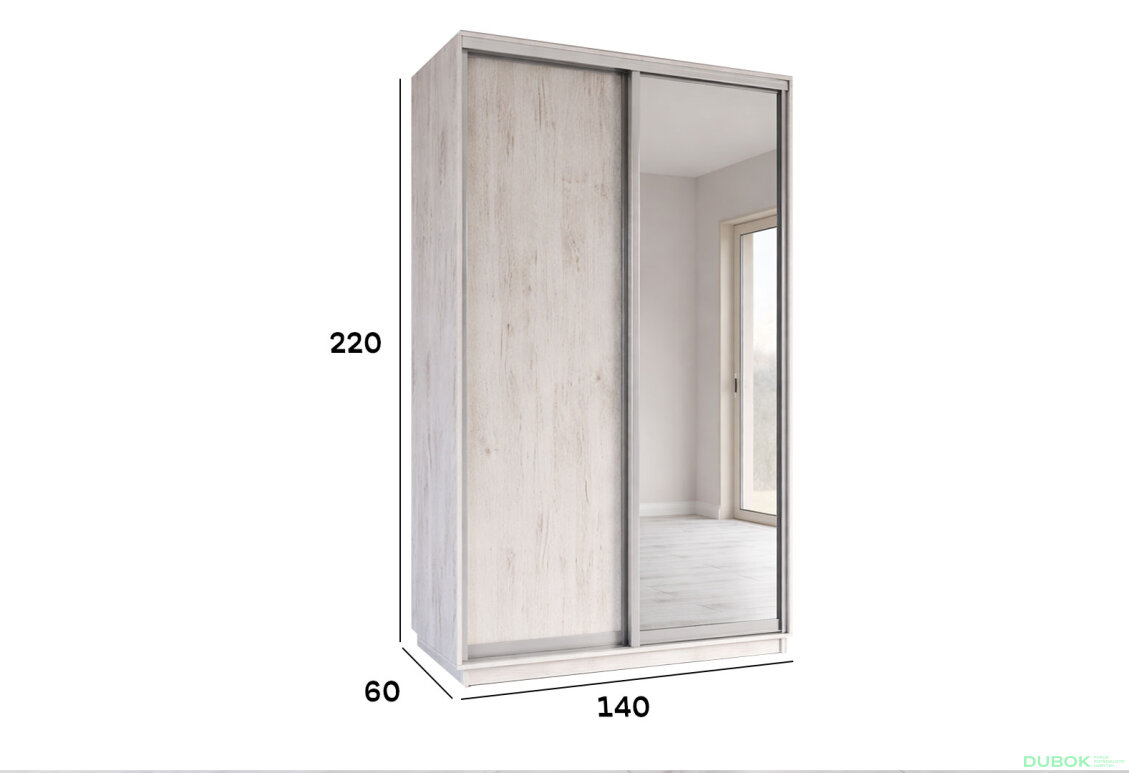 Fotografia 2 - Skrine s posuvnými dverami 2200x1400x600 1DTD 1 Zrkadlo Dub Craft biely, profil strieborný