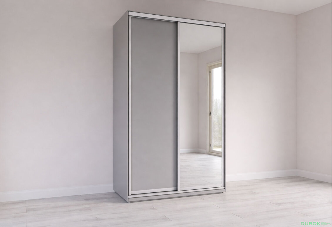 Skriňa s posuvnými dverami 2200x1400x600 1DTD 1 Zrkadlo myšia sivá, profil strieborný
