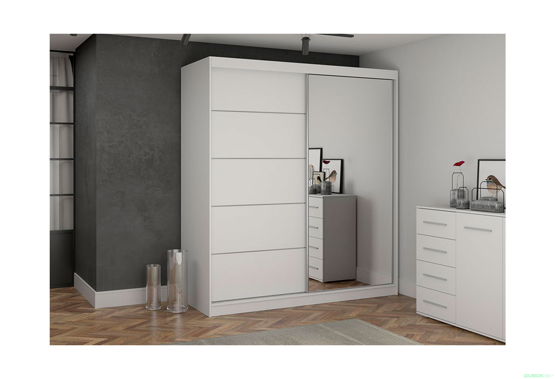 Fotografia 2 - Skriňa Bono 05 so zrkadlom + montinové lišty / aplikácia biela