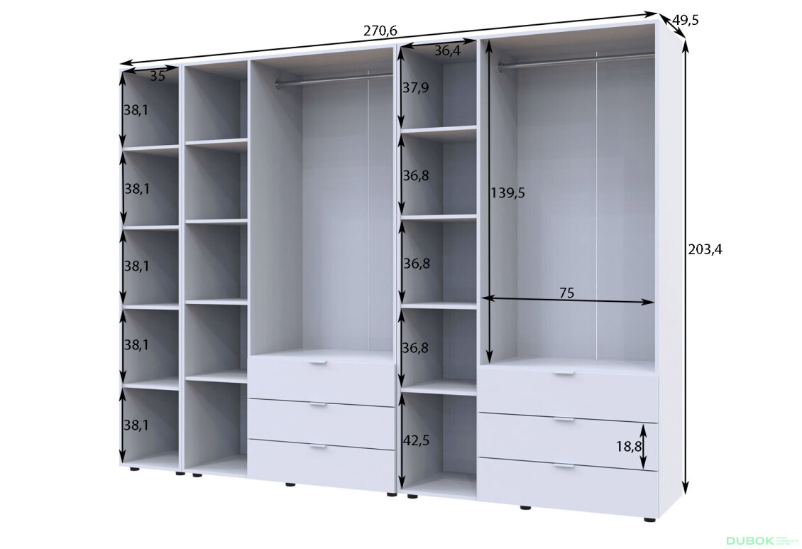 Skriňa šesťdverová s regálom Gelar 271 cm Dub sonoma - Fotografia 5 Fotografia 5 - Skriňa šesťdverová s regálom Gelar 271 cm Dub sonoma