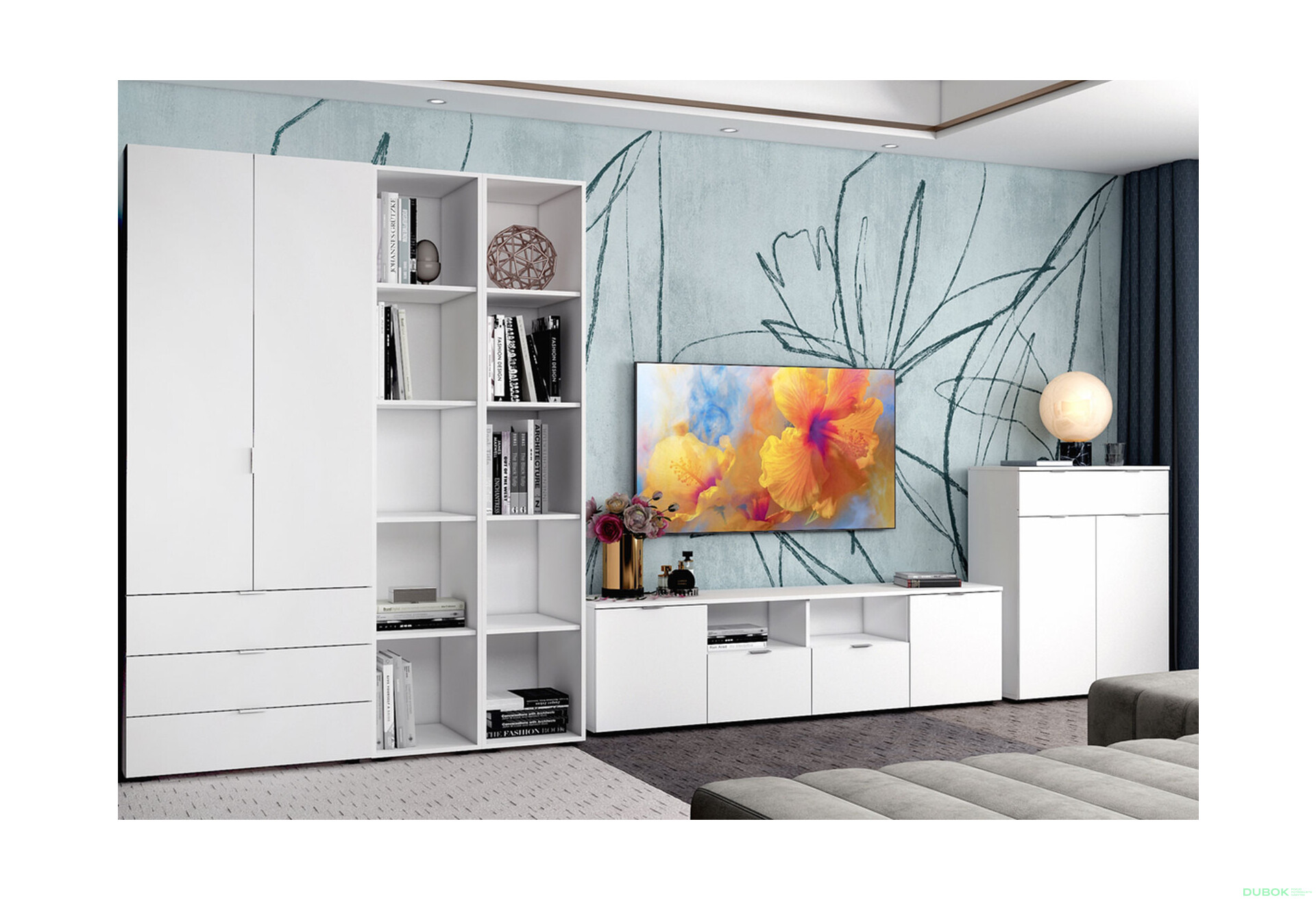 TV stolík s dvierkami a zásuvkami Ron 4 180 cm Biely - Fotografia 2 Fotografia 2 - TV stolík s dvierkami a zásuvkami Ron 4 180 cm Biely