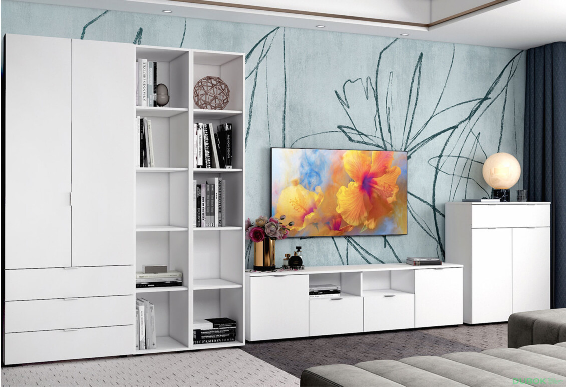 TV stolík s dvierkami a zásuvkami Ron 4 180 cm Biely - Fotografia 2 Fotografia 2 - TV stolík s dvierkami a zásuvkami Ron 4 180 cm Biely