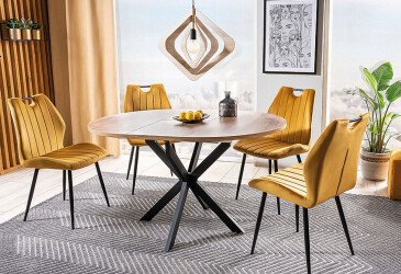 Stôl Gaston 100(135)x100 + 4 stoličky Arco Velvet karí Bluvel 68 / kov čierny matný