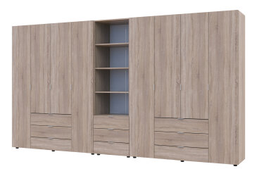 Skriňa osemdverová s regálom s zásuvkami Gelar 370 cm dub sonoma