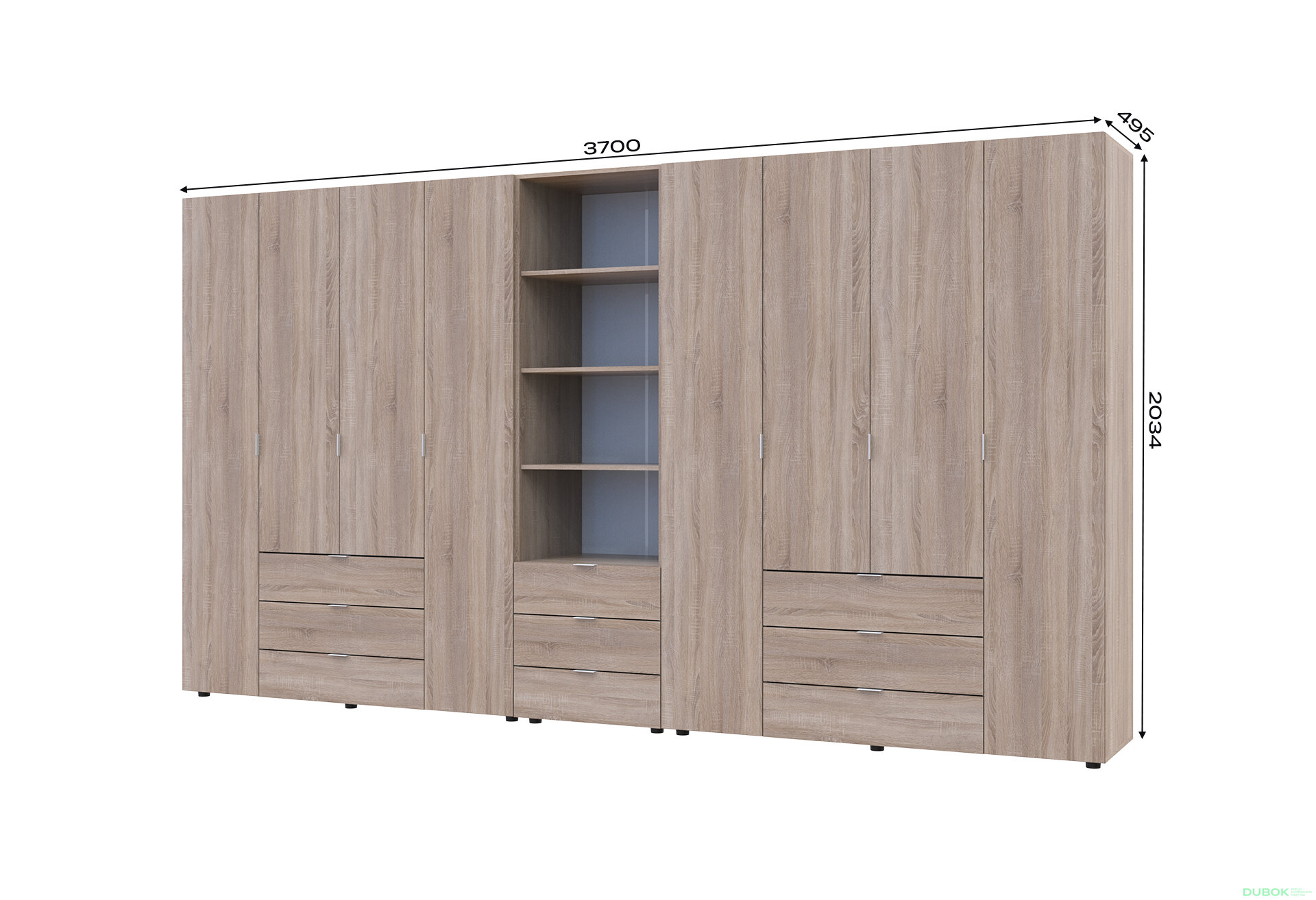 Fotografia 7 - Skriňa osemdverová s regálom s zásuvkami Gelar 370 cm dub sonoma