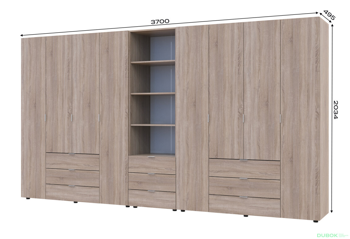 Fotografia 7 - Skriňa osemdverová s regálom s zásuvkami Gelar 370 cm dub sonoma