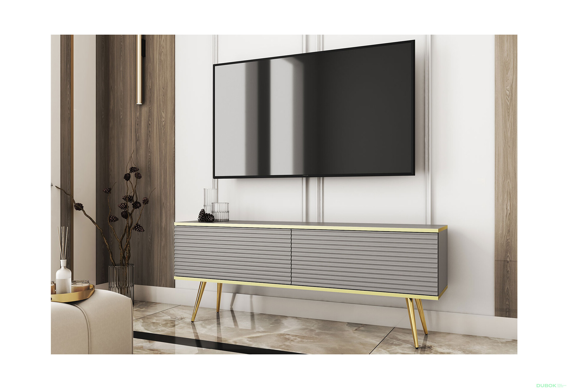 Fotografia 2 - TV stolík RTV 135 MDF sivý, zlaté nohy Oro