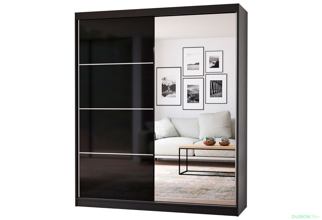 Skriňa Multi 31, 183 čierna + fasáda čierny lesk + zrkadlo