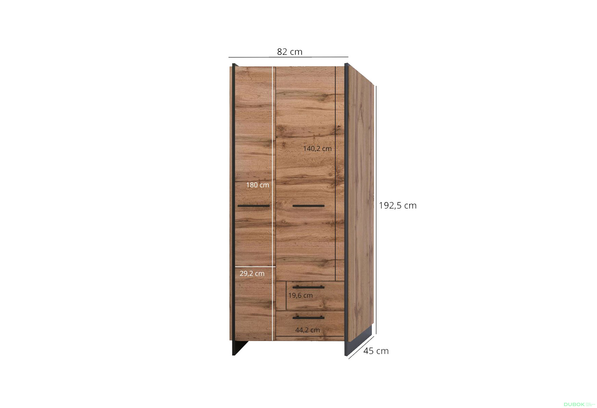 Skriňa dvojdverová so zásuvkami Amino 82x192.5x45 cm Dub wotan / Čierny - Fotografia 4 Fotografia 4 - Skriňa dvojdverová so zásuvkami Amino 82x192.5x45 cm Dub wotan / Čierny