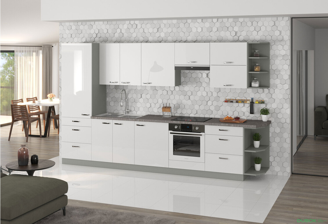 Kuchynská zostava 3.5 m Bianca šedý platinový / biely lesk