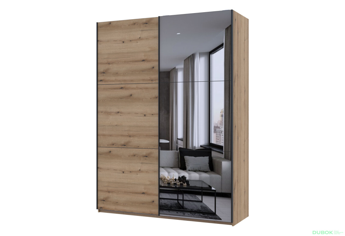 Šatníková skriňa s posuvnými dverami G-Caiser, 2-dverová, DTD + zrkadlo, 180 cm, dub evoke - Fotografia 1 Fotografia 1 - Šatníková skriňa s posuvnými dverami G-Caiser, 2-dverová, DTD + zrkadlo, 180 cm, dub evoke