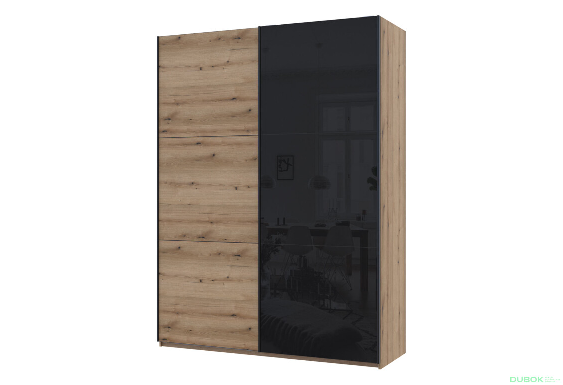 Skriňa s posuvnými dverami G-Caiser 2-dverová: DTD + sklo, 180 cm, dub evoke / čierna - Fotografia 1 Fotografia 1 - Skriňa s posuvnými dverami G-Caiser 2-dverová: DTD + sklo, 180 cm, dub evoke / čierna