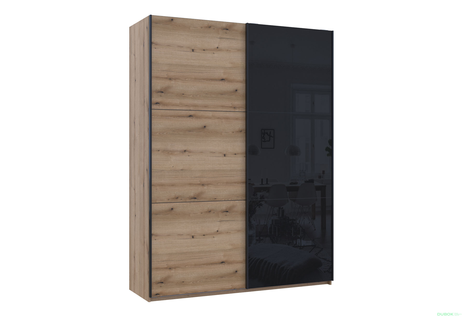 Skriňa s posuvnými dverami G-Caiser 2-dverová: DTD + sklo, 180 cm, dub evoke / čierna - Fotografia 3 Fotografia 3 - Skriňa s posuvnými dverami G-Caiser 2-dverová: DTD + sklo, 180 cm, dub evoke / čierna