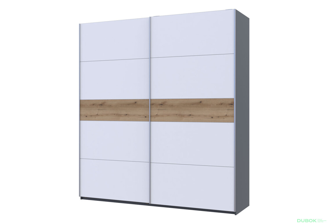 Skriňa s posuvnými dverami G-Caiser, 2-dverová, 220 cm, grafit / biela, vložka dub evoke - Fotografia 1 Fotografia 1 - Skriňa s posuvnými dverami G-Caiser, 2-dverová, 220 cm, grafit / biela, vložka dub evoke