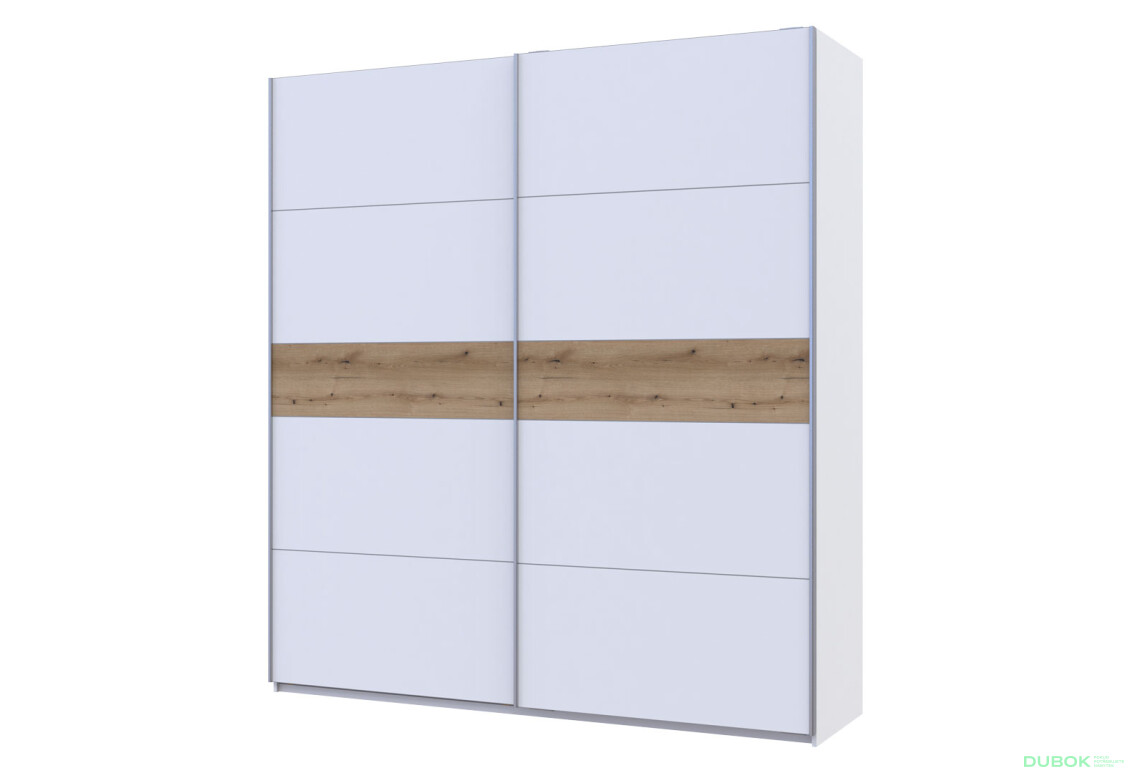 Skriňa s posuvnými dverami G-Caiser, 2-dverová, DTD, 220 cm, biela / vložka dub evoke - Fotografia 1 Fotografia 1 - Skriňa s posuvnými dverami G-Caiser, 2-dverová, DTD, 220 cm, biela / vložka dub evoke