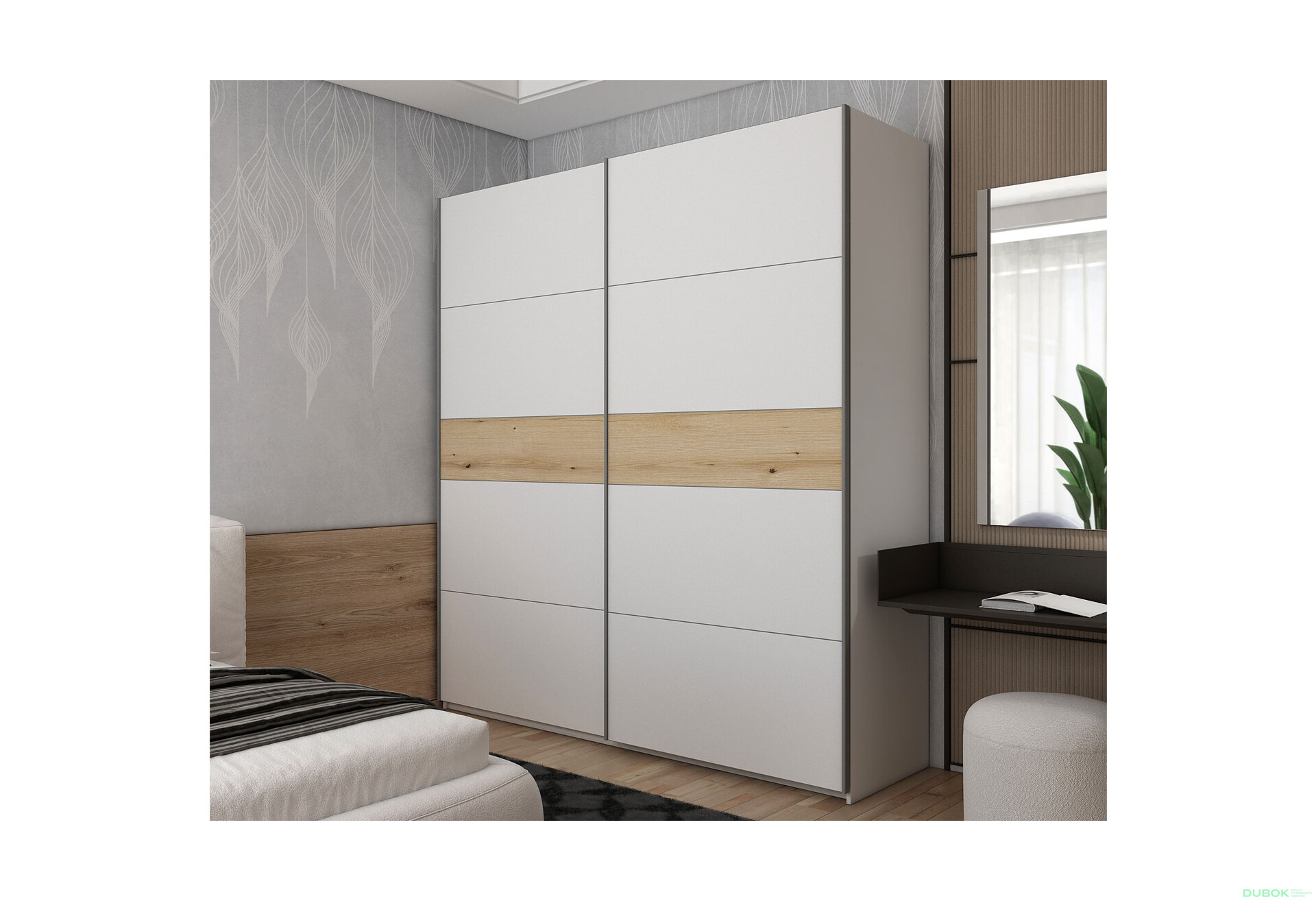 Skriňa s posuvnými dverami G-Caiser, 2-dverová, DTD, 220 cm, biela / vložka dub evoke - Fotografia 2 Fotografia 2 - Skriňa s posuvnými dverami G-Caiser, 2-dverová, DTD, 220 cm, biela / vložka dub evoke