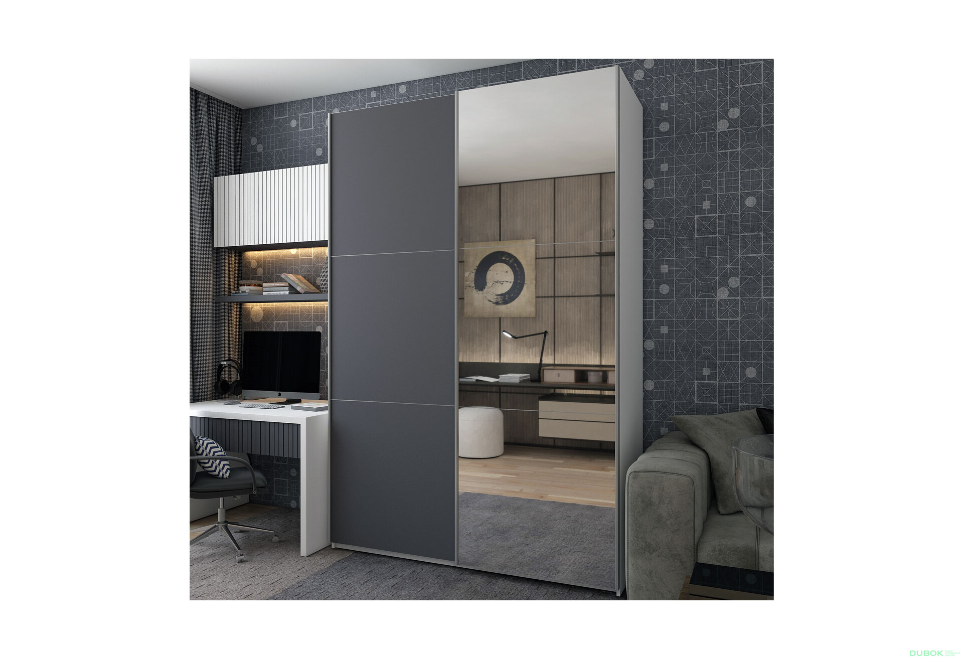 Fotografia 5 - Šatní skriňa G-Caiser s 2 dverami: DTD + zrkadlo, 160 cm, biela / grafit