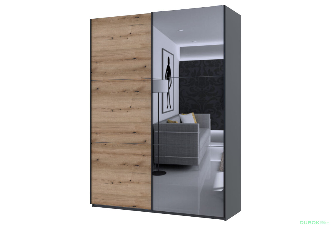 Skriňa G-Caiser Doros s 2 dverami: DTD + zrkadlo, 180 cm, grafit / dub evok - Fotografia 1 Fotografia 1 - Skriňa G-Caiser Doros s 2 dverami: DTD + zrkadlo, 180 cm, grafit / dub evok