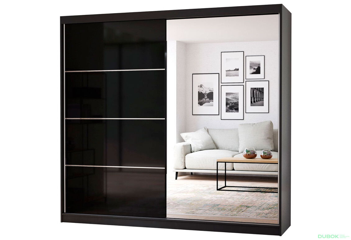 Skriňa Multi 31, 233 čierna + fasáda čierny lesk + zrkadlo
