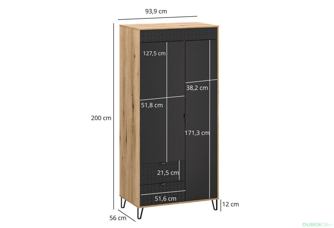 Skriňa dvojdverová so zásuvkami Bellano 93.9x200x56 cm Dub evoke / Čierna - Fotografia 3 Fotografia 3 - Skriňa dvojdverová so zásuvkami Bellano 93.9x200x56 cm Dub evoke / Čierna