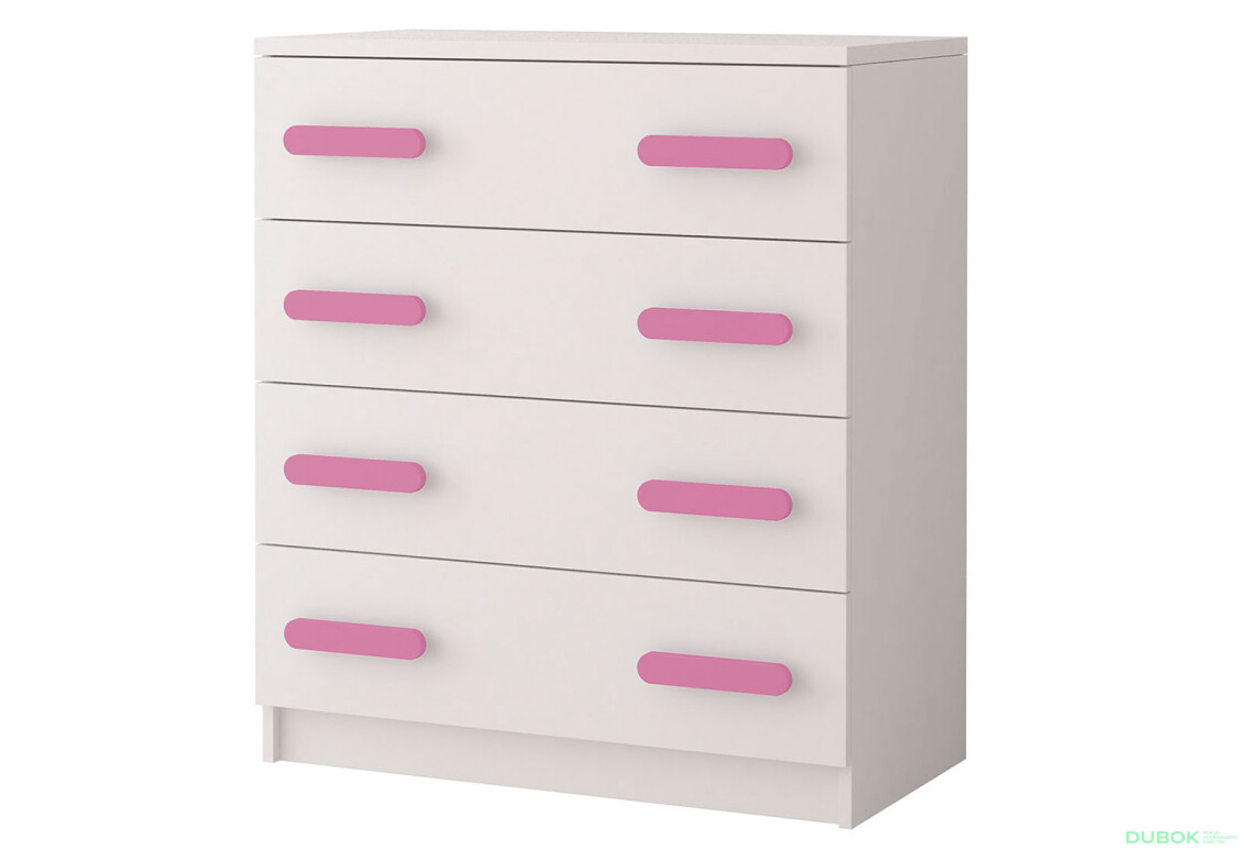 Komoda 4S Šmyk biela, úchytky ružový Idczak meble