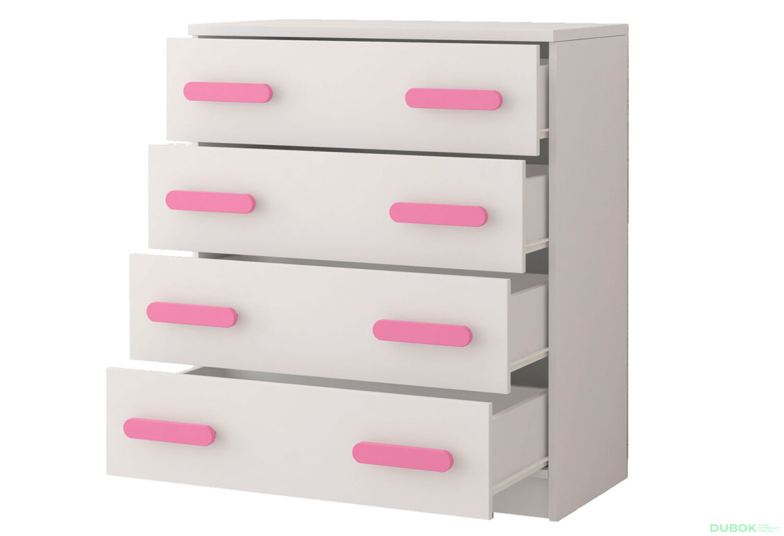 Fotografia 2 - Komoda 4S Šmyk biela, úchytky ružový Idczak meble