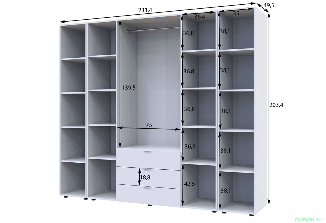 Skriňa štvordverová s 2 regálmi Gelar 231.4 cm Biela - Fotografia 5 Fotografia 5 - Skriňa štvordverová s 2 regálmi Gelar 231.4 cm Biela