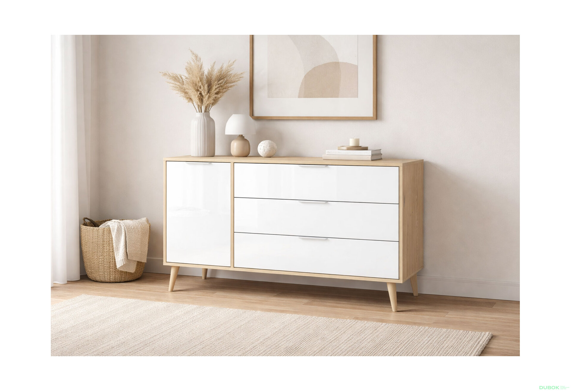 Fotografia 2 - Komoda s 1 dverami a 3 zásuvkami lesklá biela / dub cremona Olívia