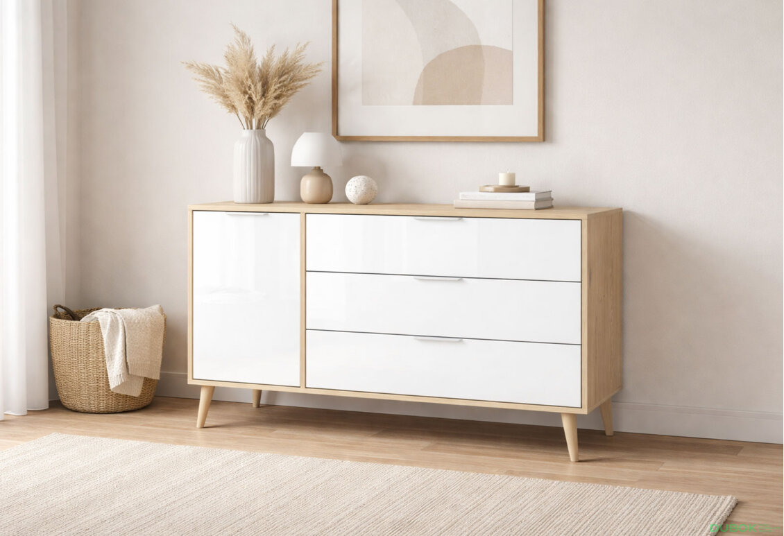 Fotografia 2 - Komoda s 1 dverami a 3 zásuvkami lesklá biela / dub cremona Olívia