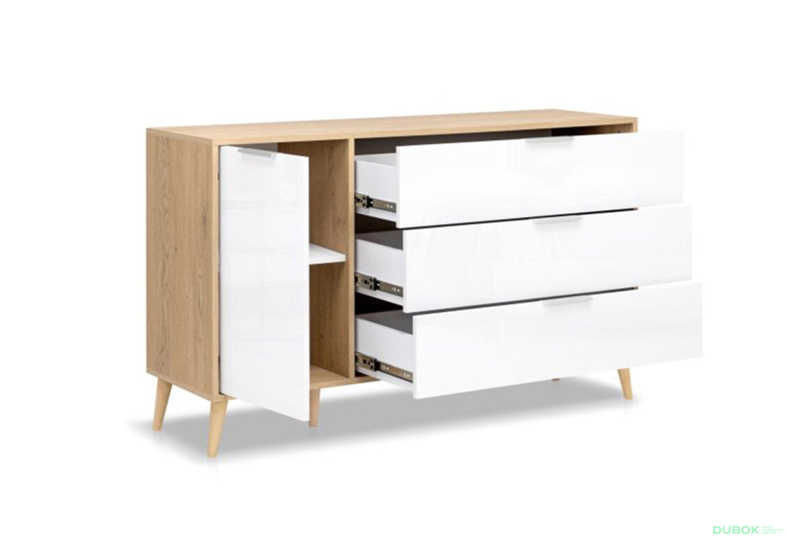 Fotografia 3 - Komoda s 1 dverami a 3 zásuvkami lesklá biela / dub cremona Olívia