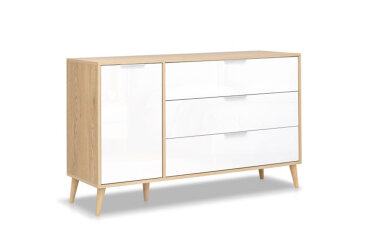 Komoda s 1 dverami a 3 zásuvkami lesklá biela / dub cremona Olívia
