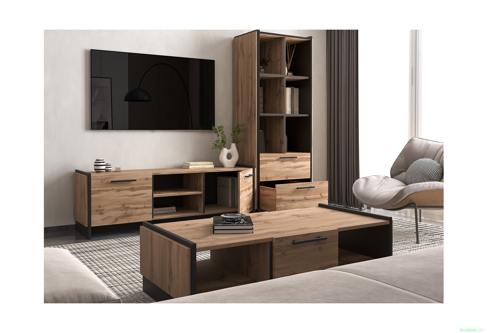 Regál otvorený 2s dub wotan / čierny Amino - Fotografia 3 Fotografia 3 - Regál otvorený 2s dub wotan / čierny Amino