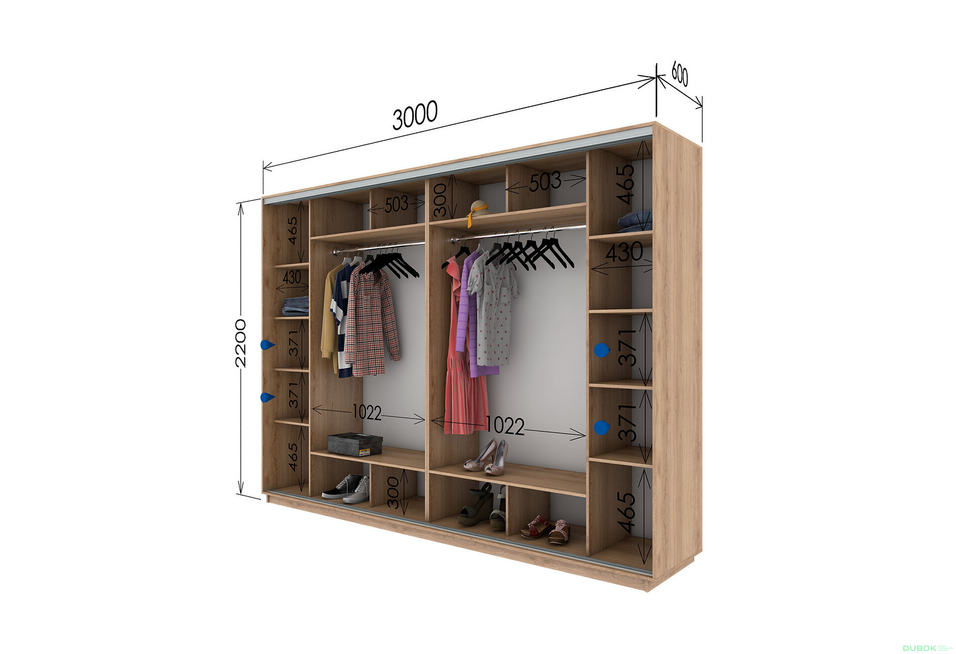 Fotografia 3 - Skriňa s posuvnými dverami 2200x3000x600 2DTD 2 zrkadlá dub sonoma, profil strieborný