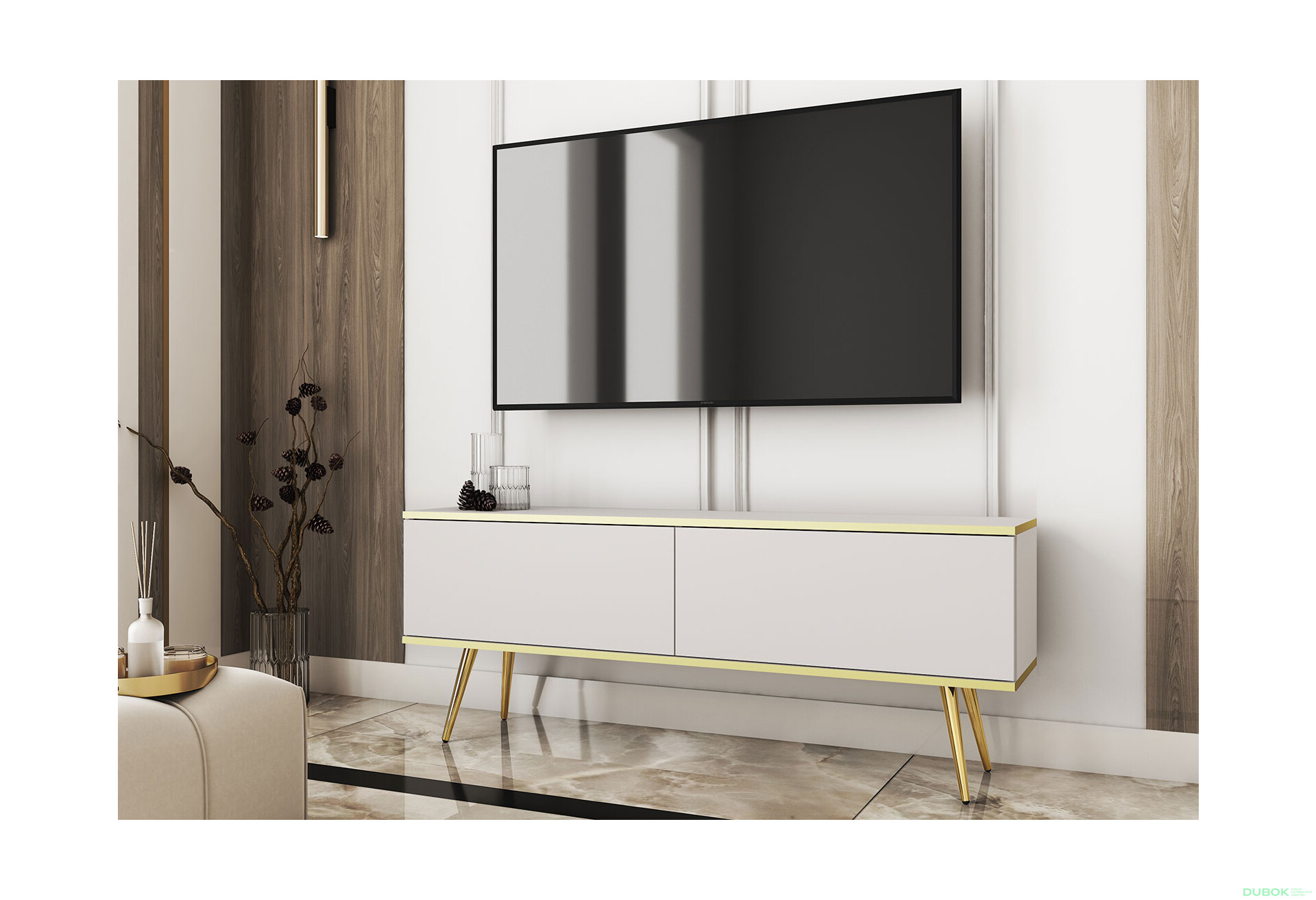 TV stolík RTV 135 biely, zlaté nohy Oro - Fotografia 2 Fotografia 2 - TV stolík RTV 135 biely, zlaté nohy Oro