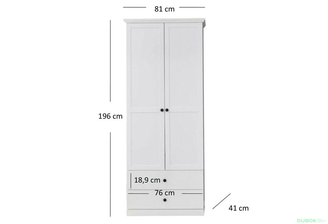 Skriňa dvojdverová s 2 zásuvkami Brandson 81x196x41 cm Biela - Fotografia 2 Fotografia 2 - Skriňa dvojdverová s 2 zásuvkami Brandson 81x196x41 cm Biela